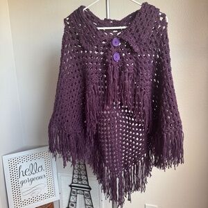 Handmade Crochet Purple Poncho with Tassels Buttons